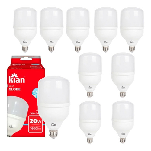 Kit 10 Lâmpadas Super Led Bulbo 20w 6500k Bivolt Alto Fator Cor Da Luz Branco-frio 110v/220v