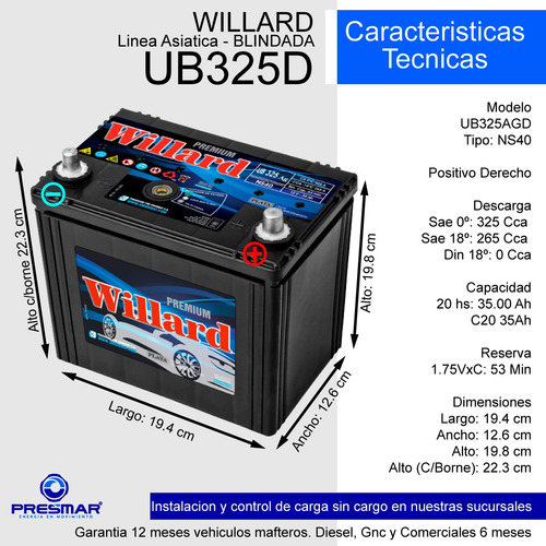 Imagen 2 de 10 de Bateria Auto Willard 12x35 Ub325 12 Volt 35 Amper