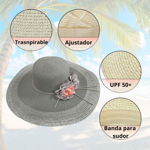 Sombrero Playero Protección Solar Para Mujer Amplio Gris Oscuro Único