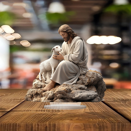 Figuras Religiosas Y Pequeñas Ovejas Sentadas Sobre Una Pied