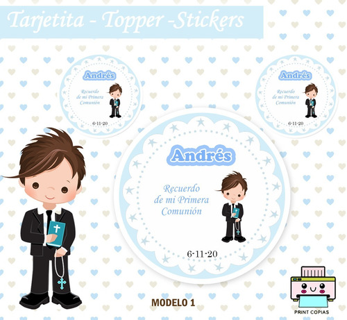 Tarjetitas Topper Stickers Imprimibles Comunión Niño Mod1