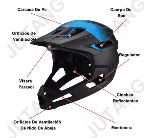 Jutang Casco para Bicicleta de Montaña Ajustable Visera Extraíble Transpirable Ligero Ideal para Ciclismo Urbano y de Montaña Soporte Barbilla Desmontable Azul