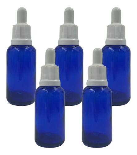 Frasco Azul Vidro Conta Gotas Branco 30ml Kit 50 Unidades  