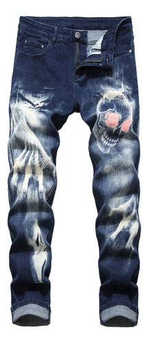 Jeans Elásticos Con Estampado De Calavera 3d Para Hombre