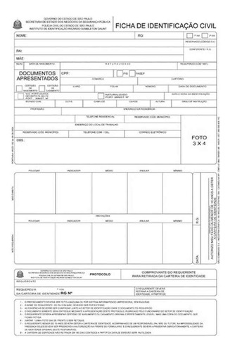 Ficha Identificação Civil Rg Com 100 Unidades São Domingos