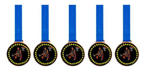 Kit C/5 Medalhas De Basquete C/fita Azul 30mm Personalizada