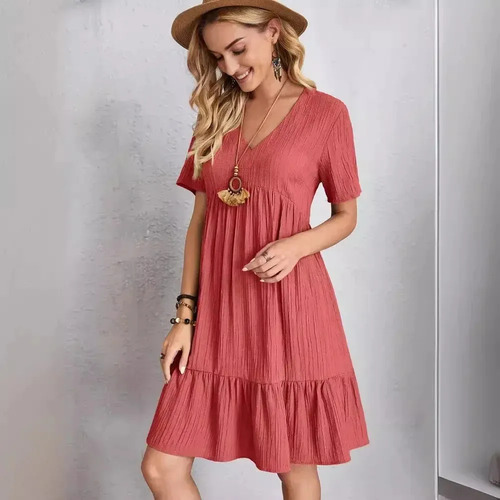 Vestido Midi De Manga Corta Con Cuello En V Para Mujer
