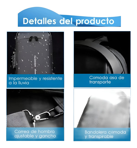 Mochila Pechera Cruzada Antirrobo + Impermeable + Usb Negro Liso