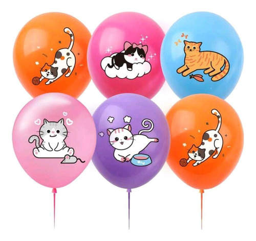 10 Globos Latex Estampado Gato-gatitos Colores Cumpleaños 