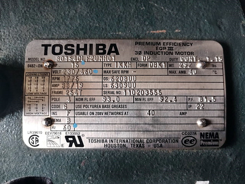 Motor Trifásico Toshib 15 Hp 1750 Rpm - B0154dlf2umh01