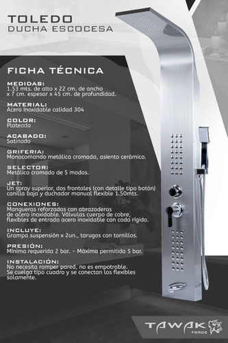 Imagen 4 de 10 de Ducha Escocesa Columna 3 Spray Acero 304 Tawak - Toledo