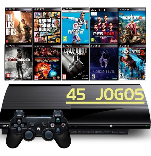 Playstation 3 Super Slim Ps3 + 45 Jogos + Fifa 19 + Gta5