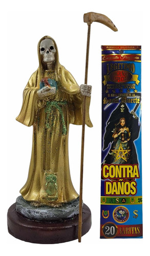 Santa Muerte Dorada Para Riqueza En Resina 22 Cm + Inciensos