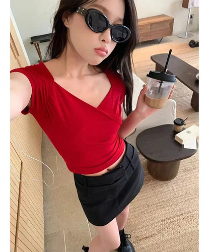 Camiseta De Algodón Con Cuello En V Y Manga Corta Para Mujer