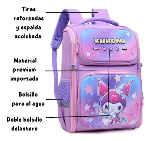Mochila Kuromi Kawaii Escolar Apertura 360 Importada Lila 3d