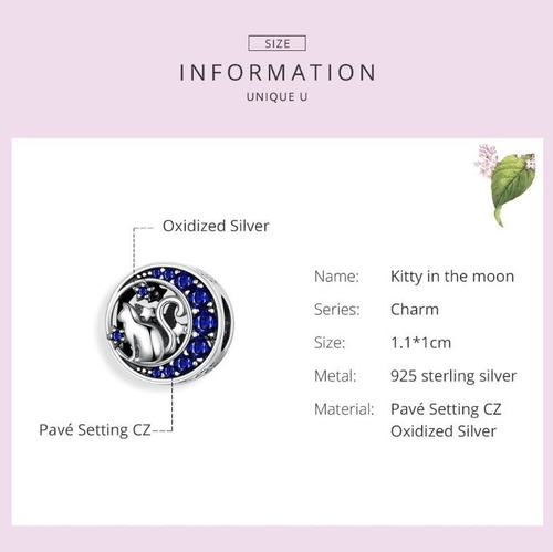 Charm Dije Gato Luna Azul Fabricado En Plata 925