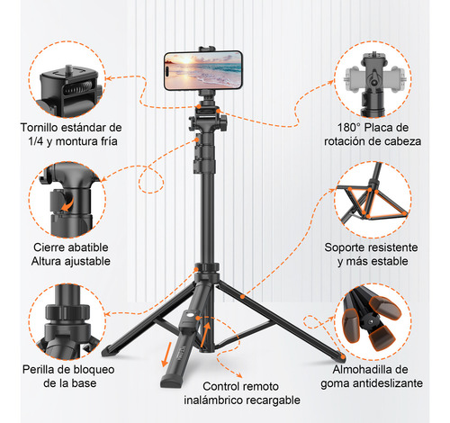 Toneof 170cm Tripié Para Celular Y Cámara, Palo Selfies Soporte con Control Remoto