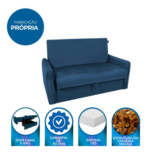 Sofá Cama Para Sala De Estar Zaia Com Baú Veludo Matrix Cor Azul
