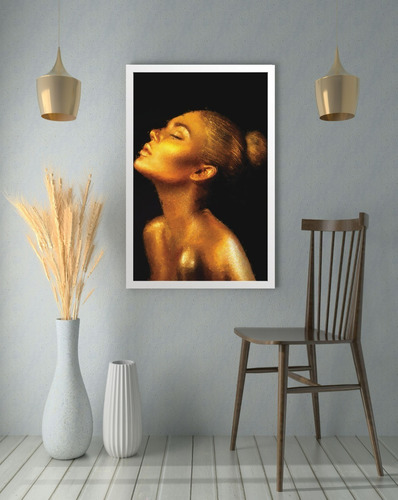 Quadro Decorativo Grande Sala Modelo Feminino Dourado Gold