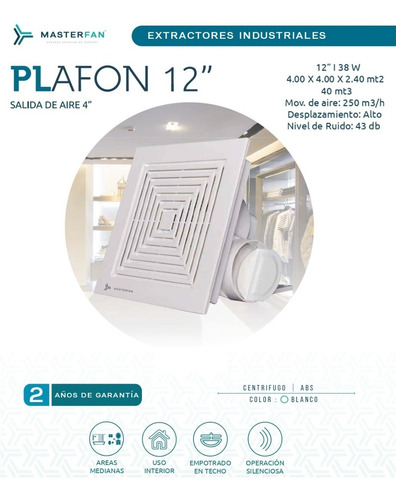 Imagen 6 de 9 de Extractor Techo Pared Plafon 12'' Blanco Ducto 4'' Masterfan