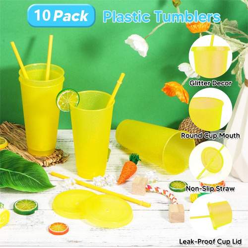 Vasos Reutilizables De 24 Oz Con Tapa Y Popote, 15 Piezas Color Amarillo