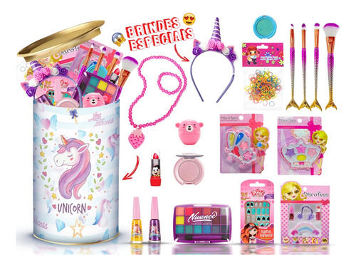 Kit Maquiagem Infantil Com Lata Completo Kmlt2 + Brindes