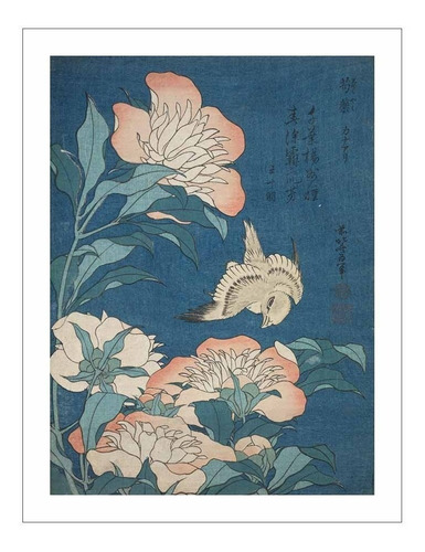 Lamina Fine Art Peonias Y Canario Hokusai 45x57 Cm Myc Arte 