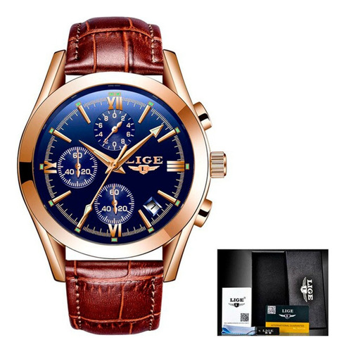 Relógio Lg9839 Azul E Golden Pulseira De Couro Correia Marrom Bisel Dourado