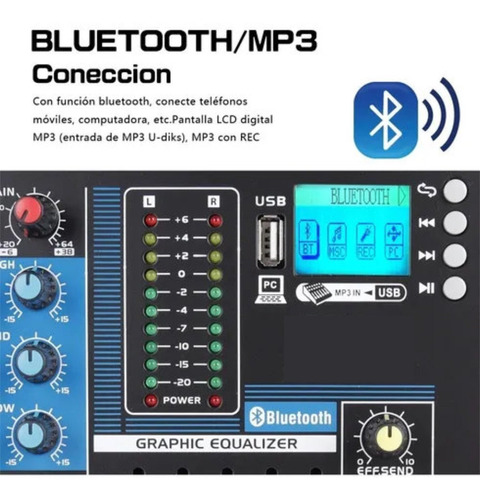 Imagen 6 de 6 de Consola Mixer 7 Canales Usb Bt Efectos 7 Canales Sxm216bt