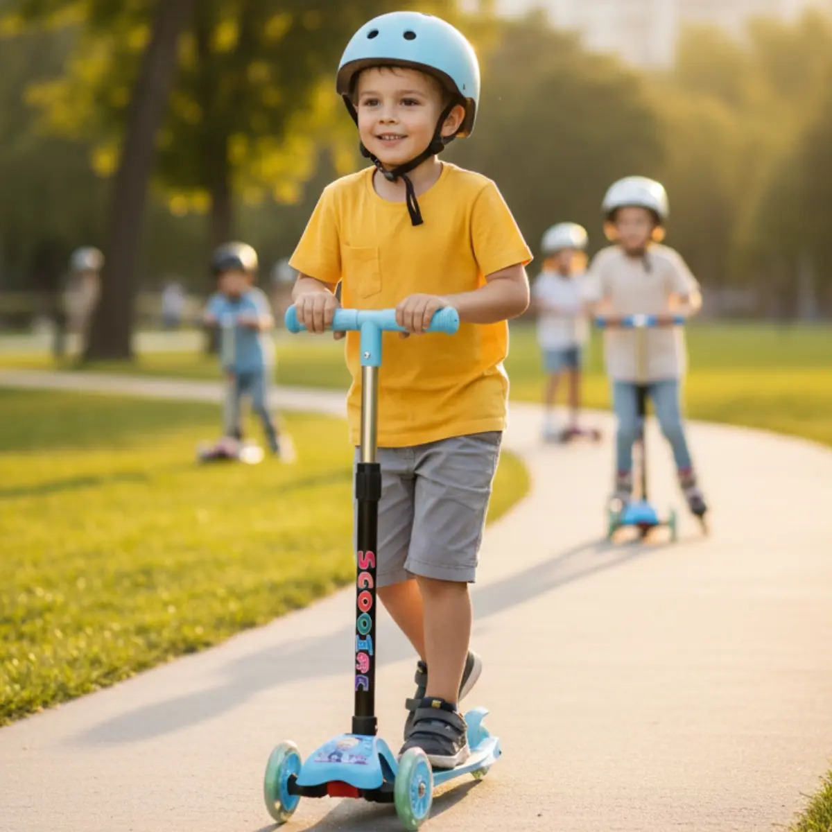 Patinete Infantil Dobrável 3 Rodinhas De Led Ajustável Azul Elefante