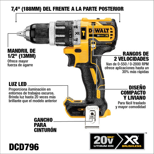 Imagen 4 de 6 de Taladro percutor atornillador inalámbrico de 13mm DeWalt DCD796 20V + accesorio