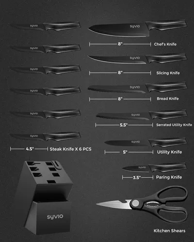 syvio Juego de cuchillos de cocina con bloque y mango de madera, 14 piezas  con afilador incorporado, cuchillos de cocina para cortar, rebanar, cortar