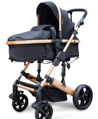 Imagen 6 de 10 de Cochecito de paseo Mega Baby Lanin travel system negro con chasis color dorado