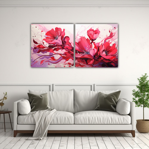 160x80cm Cuadro Combinación De Colores Rojo Y Rosa Flores