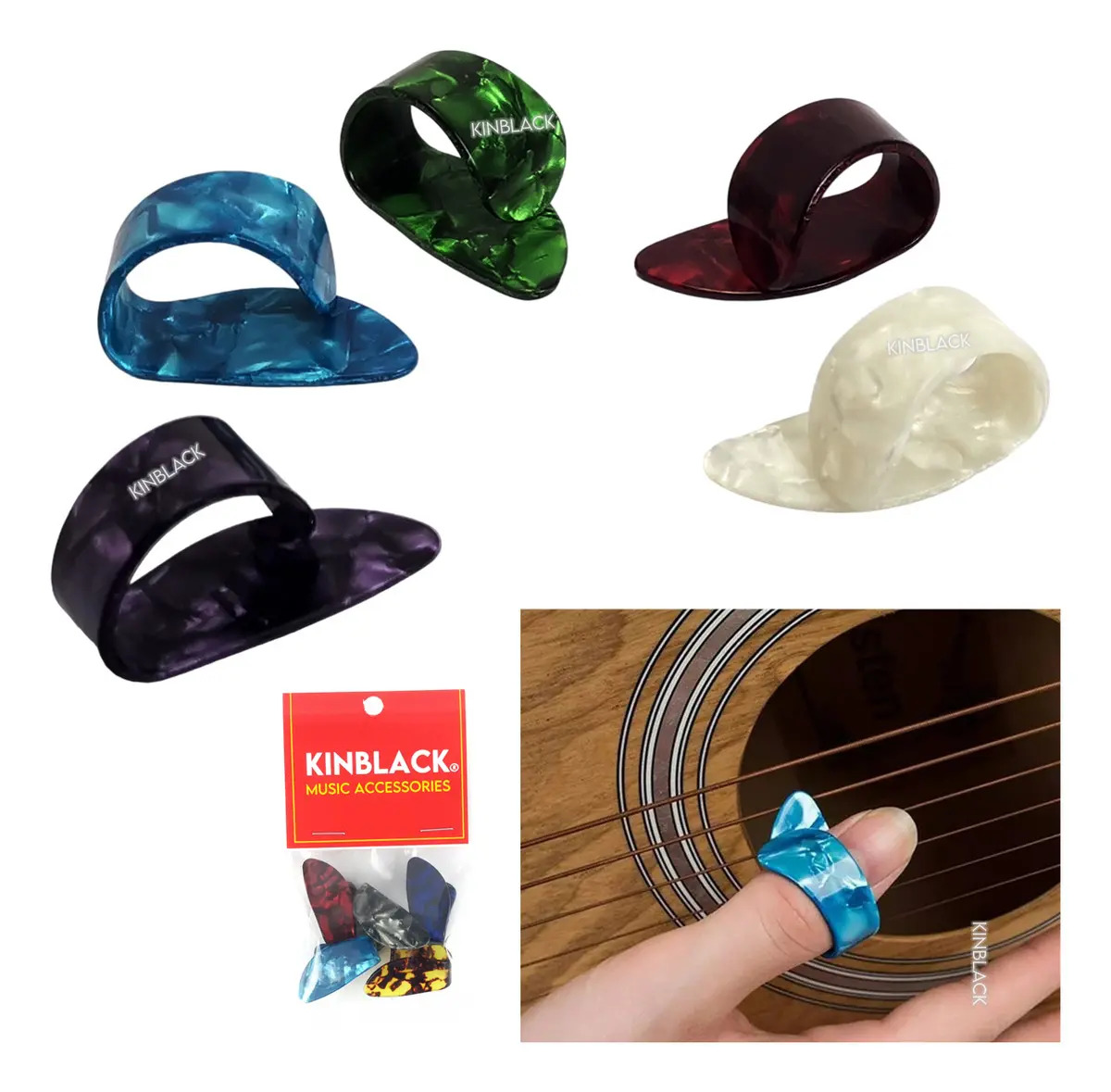 5 Uñetas/Plumillas KINBLACK Para Guitarra, Diversos Colores, Uso Para Dedo Pulgar