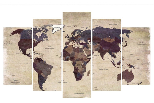 Quadro Decorativo 5 Partes Mapa Mundi 13 Estilo Mosaico