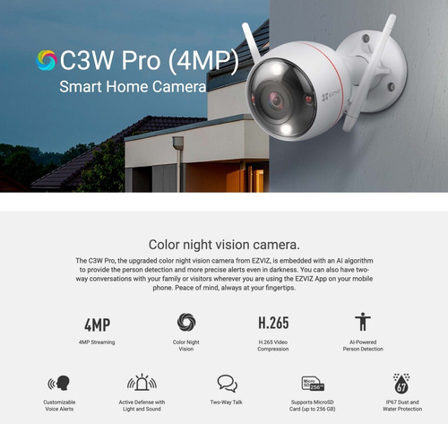 Imagen 2 de 5 de Camara Ip Ezviz 4mp 2.8mm Audio Ip67 Colorvu C3w Pro
