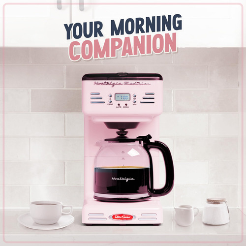 Cafetera Programable Retro 12 Tazas Rosa Con Pantalla Led