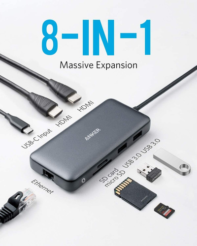 Hub Usb C Anker, Adaptador Usb C 8 En 1 Powerexpand, Con Du.