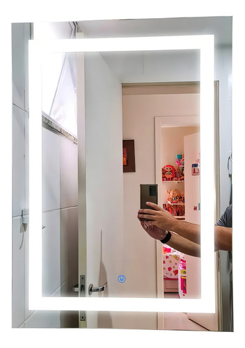 Espelho Jateado Iluminado Com Led E Touch Screen 100x60cm Moldura Branco Frio 6000k Na Horizontal