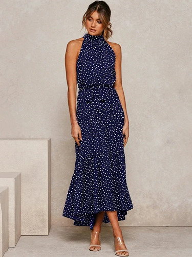 Maxivestido Dama Con Volado Y Cuello Halter Lunares