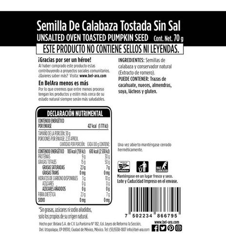 Pepita De Calabaza Bel Ara Sin Sal 70 G