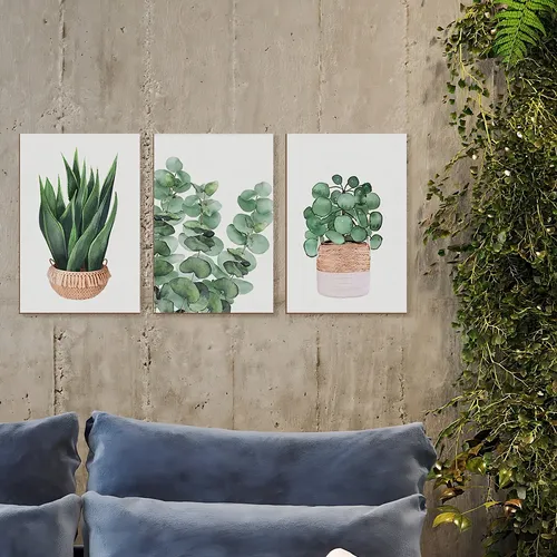 Kit 3 Quadros Decorativos Plantas Folhagem Cozinha Sala Flor Cor Verde-escuro