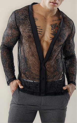 Camisas Tipo Cárdigan De Malla Para Hombre Y Color Liso Tran