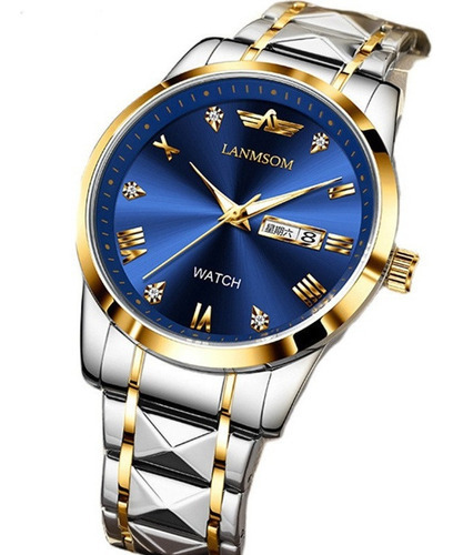 Reloj Con Calendario De Cuarzo Con Diamantes Para Hombre Lan Color De La Correa Silver Golden Blue