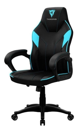 Silla de escritorio ThunderX3 EC1 gamer ergonómica negra y cyan con tapizado de cuero sintético