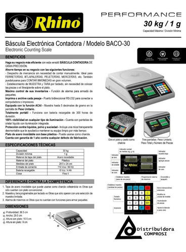 Báscula Digital Contadora Rhino 30kg/1g Baco-30 Comprosi