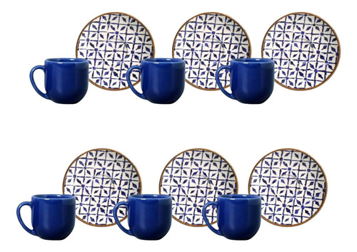 Jogo Xícara Café C/ Píres Cerâmica Coup Asteca 112ml Kit 6 Cor Azul