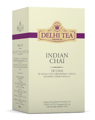 Imagen 1 de 4 de Te Premium Delhi Tea X 20 Saq. Indian Chai