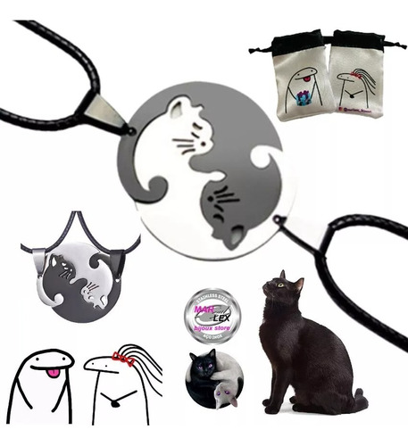 Colar Duplo Cat Love Titanio Amor Gatos Yinyang Coração +bag